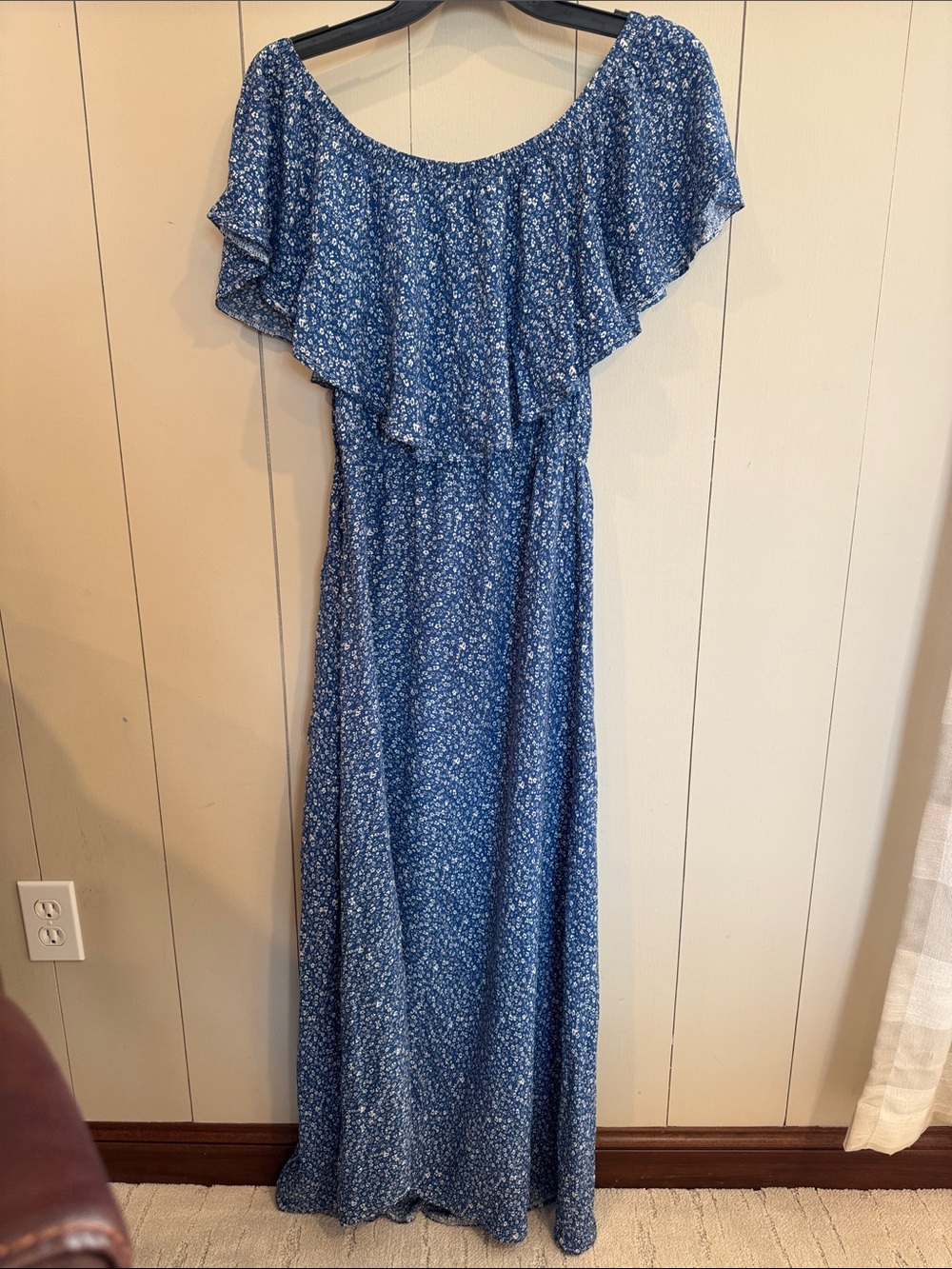 Blue Floral Off-Shoulder Ruffle Maxi Dress